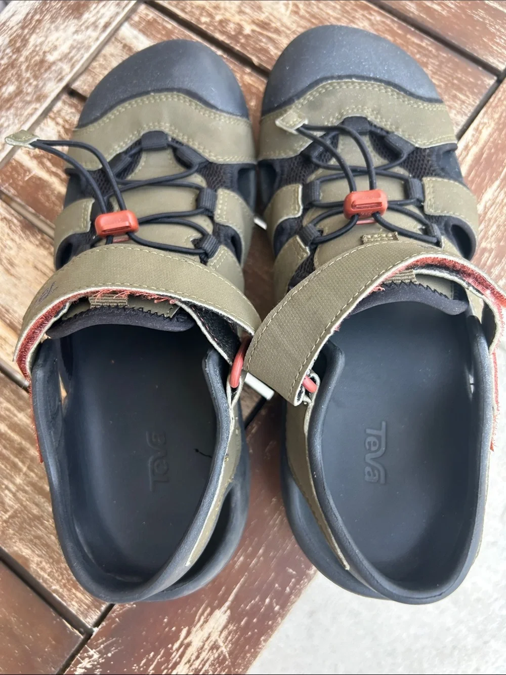 Teva Mens Olive Green and Black Outdoor Sandals with Orange Accents size 8